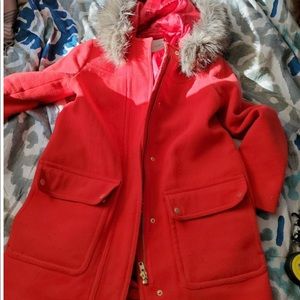 Red J. Crew Vail duffle coat with fur hood
